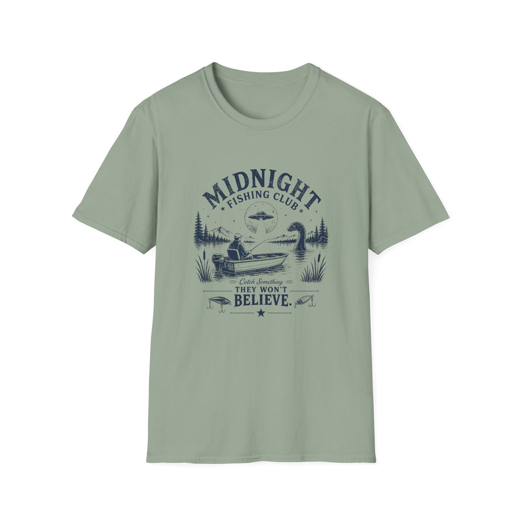 Midnight Fishing Club T-Shirt — "Catch Something They Won't Believe" UFO Lake Fishing Tee