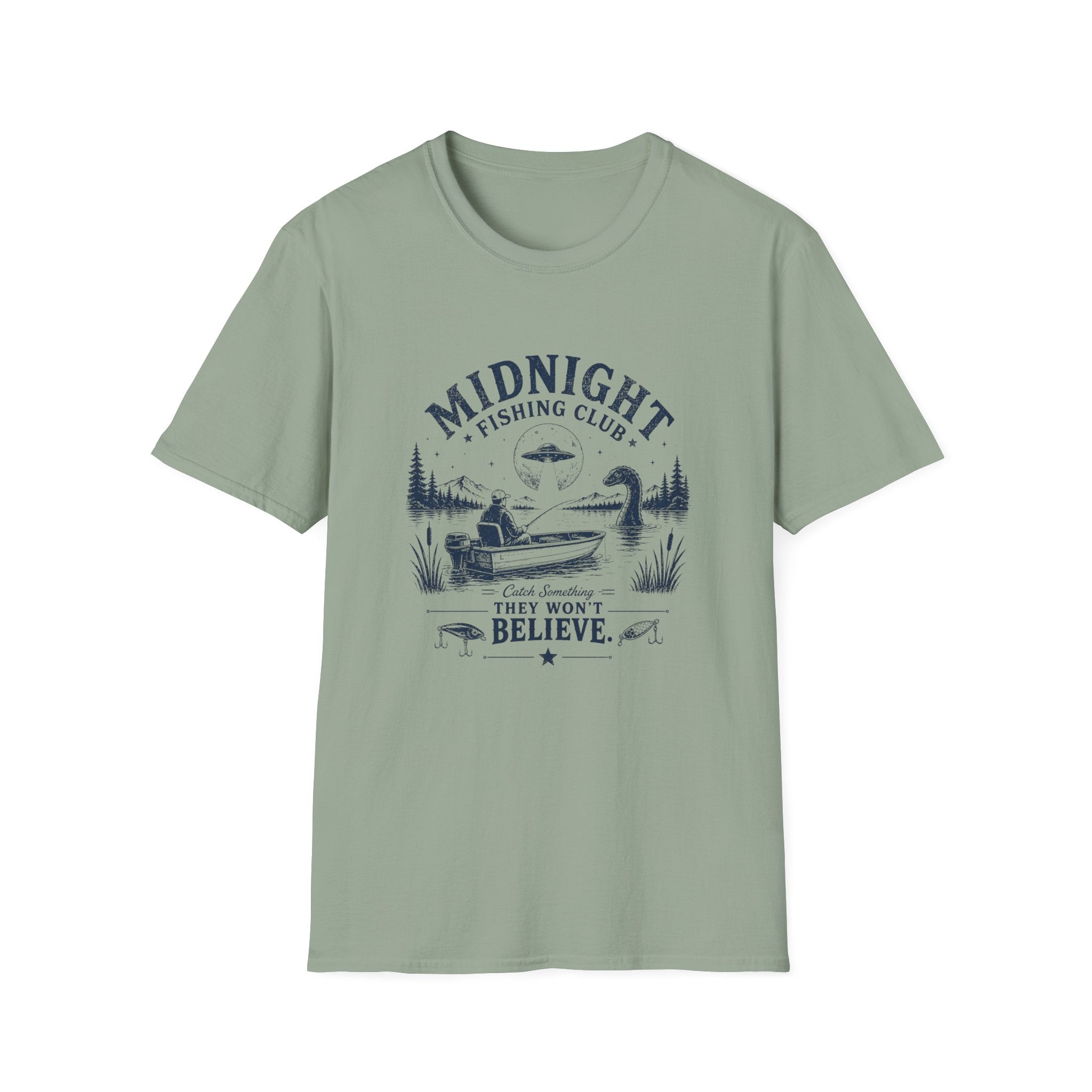 Midnight Fishing Club T-Shirt — "Catch Something They Won't Believe" UFO Lake Fishing Tee