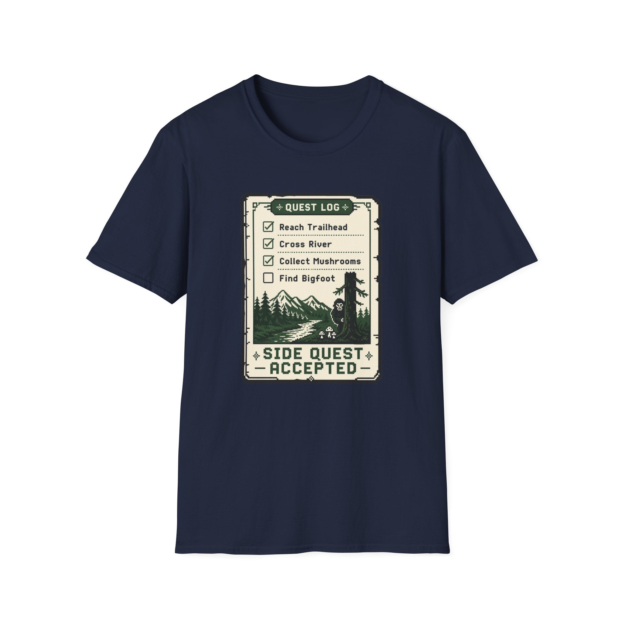 Bigfoot Retro Gaming T-Shirt — 'Quest Log: Side Quest Accepted' Hiking Adventure Graphic Tee