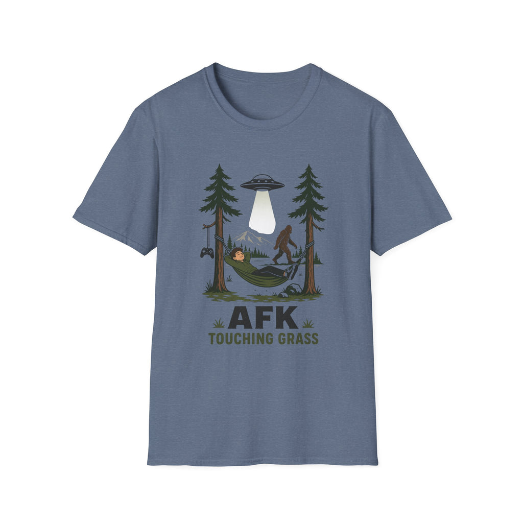 AFK Touching Grass T-Shirt — Gaming Nature Tee with Bigfoot & UFO