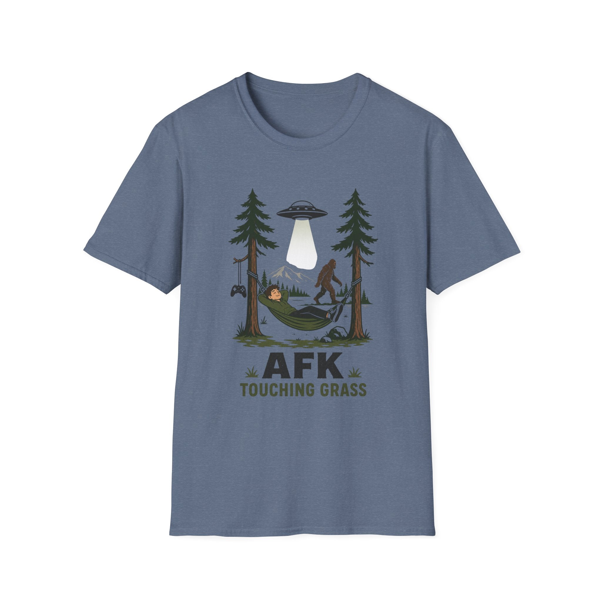 AFK Touching Grass T-Shirt — Gaming Nature Tee with Bigfoot & UFO
