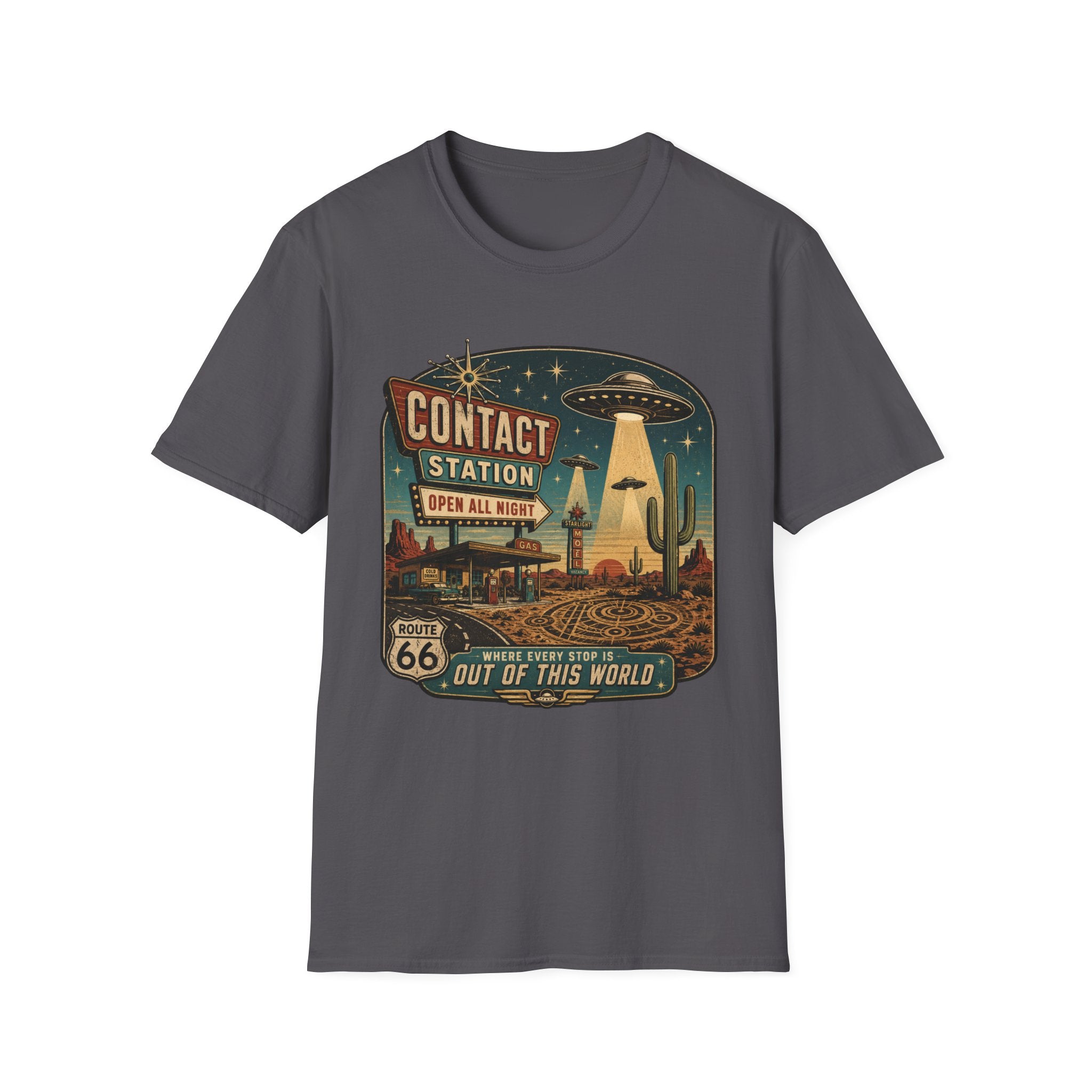 Contact Station T‑Shirt — Retro UFO Alien Abduction Vintage Sign Tee