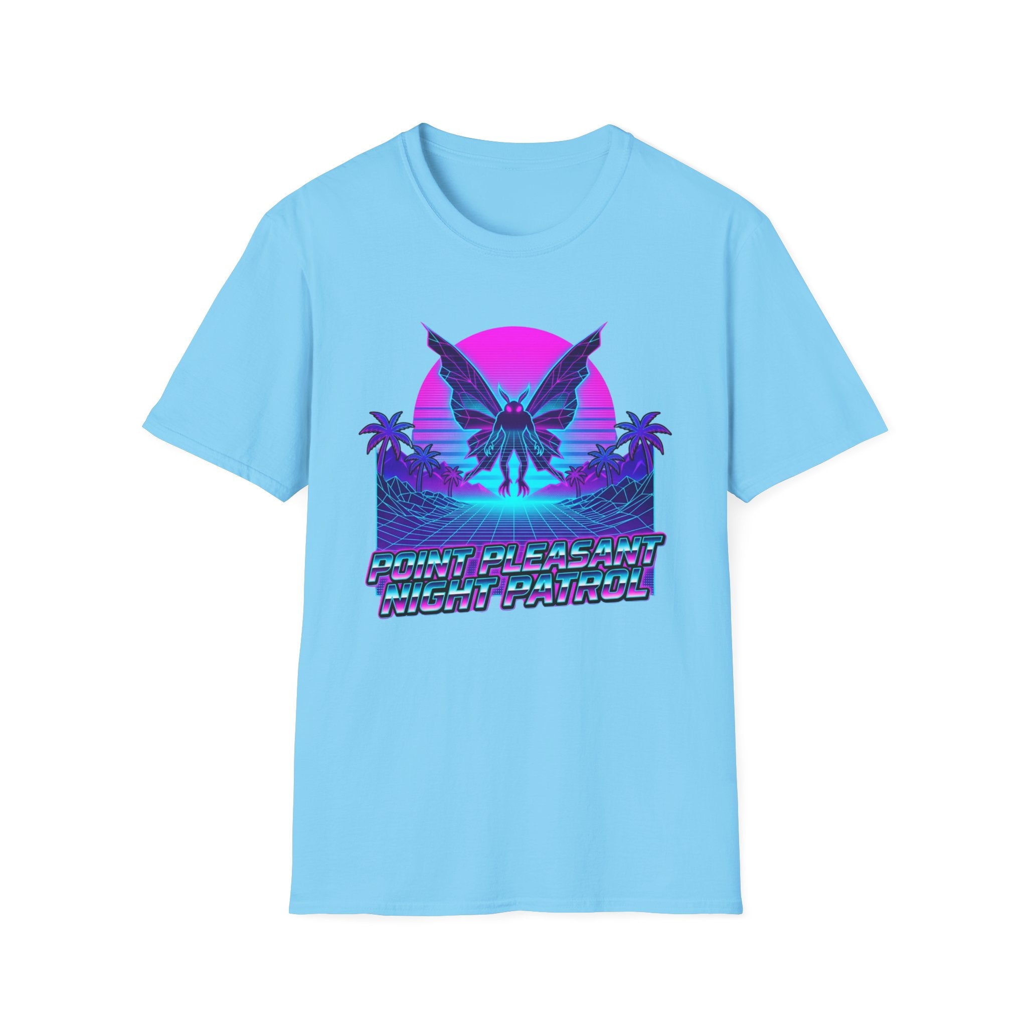Mothman Retro Sunset T‑Shirt — Neon 80s Vaporwave Cryptid Tee