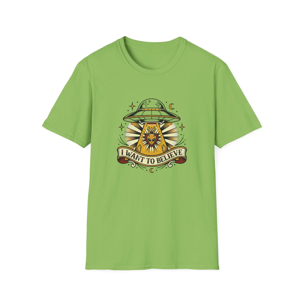 Alien Abduction T-Shirt — "I Want to Believe" Vintage UFO Tee American Traditional Tattoo