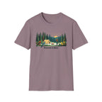 Bigfoot Forest Lifer T‑Shirt — Camping Scenic Tee with Tent, Campfire & Pine Trees