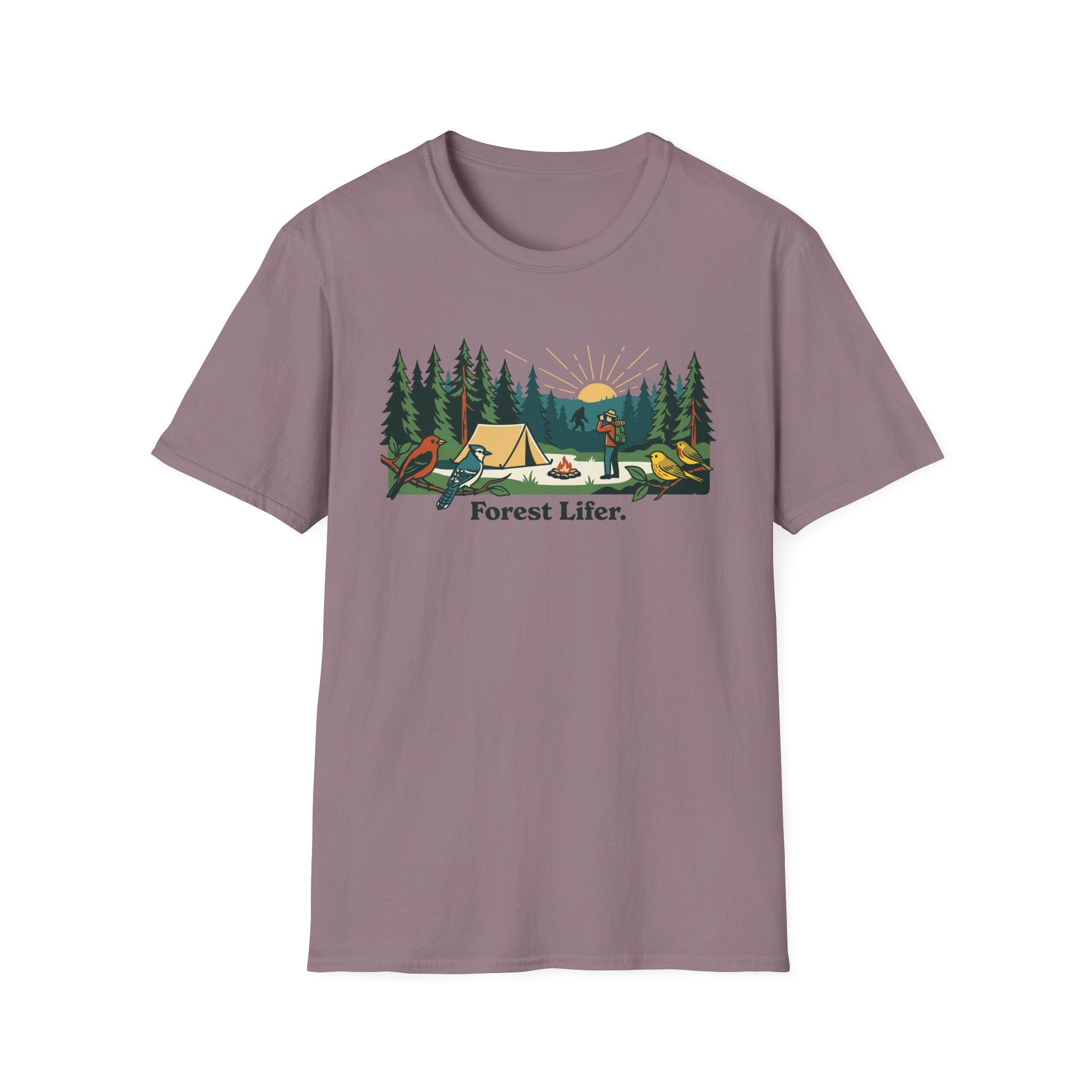 Bigfoot Forest Lifer T‑Shirt — Camping Scenic Tee with Tent, Campfire & Pine Trees