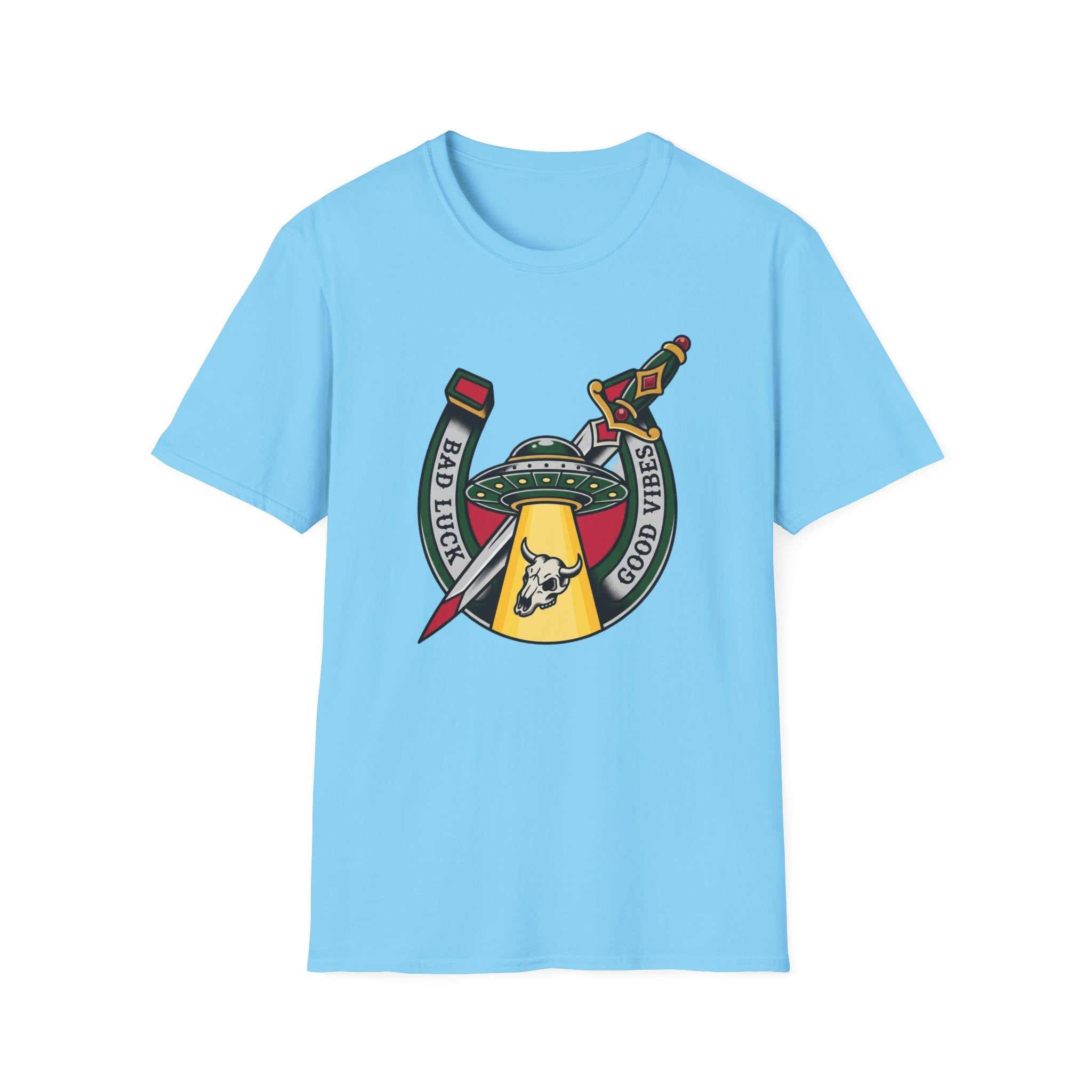 Bad Luck Good Vibes UFO T-Shirt — Sword & Horseshoe Retro American Traditional Tattoo Tee