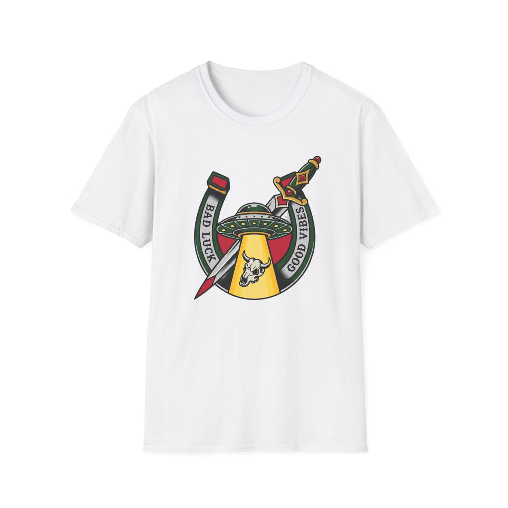 Bad Luck Good Vibes UFO T-Shirt — Sword & Horseshoe Retro American Traditional Tattoo Tee