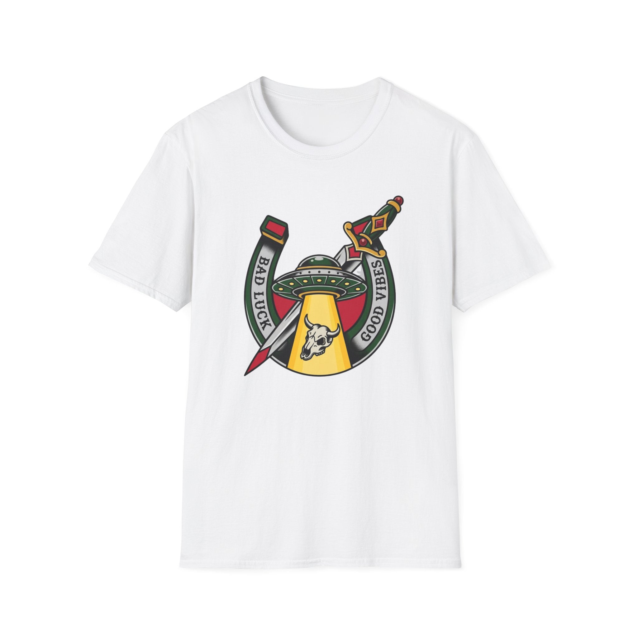 Bad Luck Good Vibes UFO T-Shirt — Sword & Horseshoe Retro American Traditional Tattoo Tee