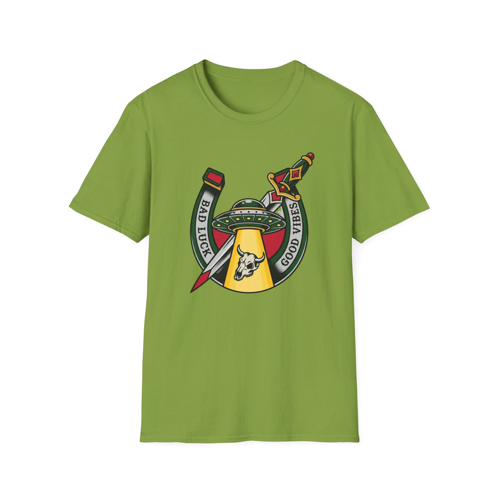 Bad Luck Good Vibes UFO T-Shirt — Sword & Horseshoe Retro American Traditional Tattoo Tee