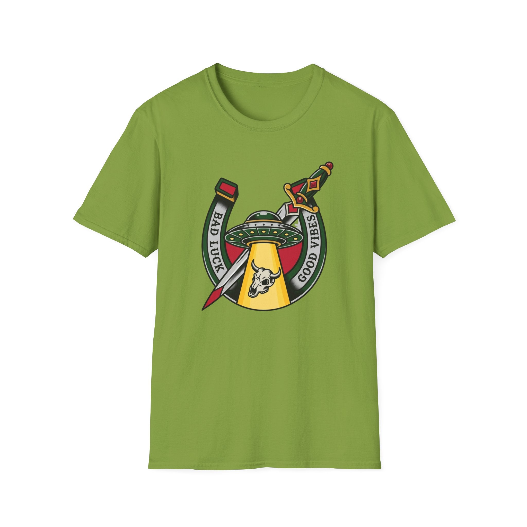 Bad Luck Good Vibes UFO T-Shirt — Sword & Horseshoe Retro American Traditional Tattoo Tee