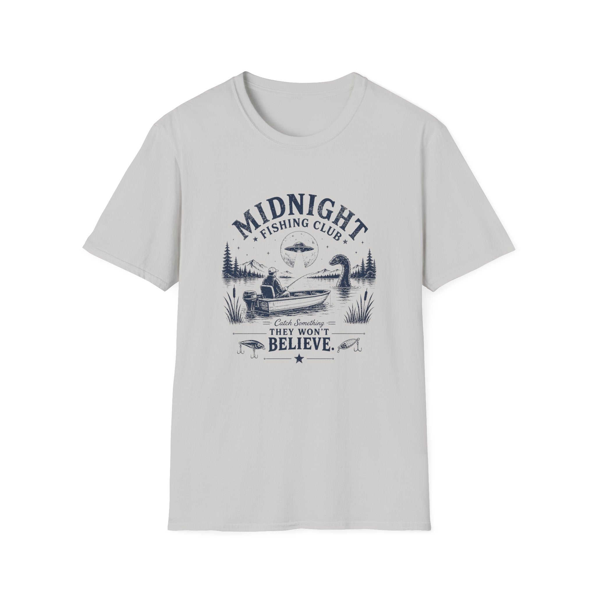 Midnight Fishing Club T-Shirt — "Catch Something They Won't Believe" UFO Lake Fishing Tee