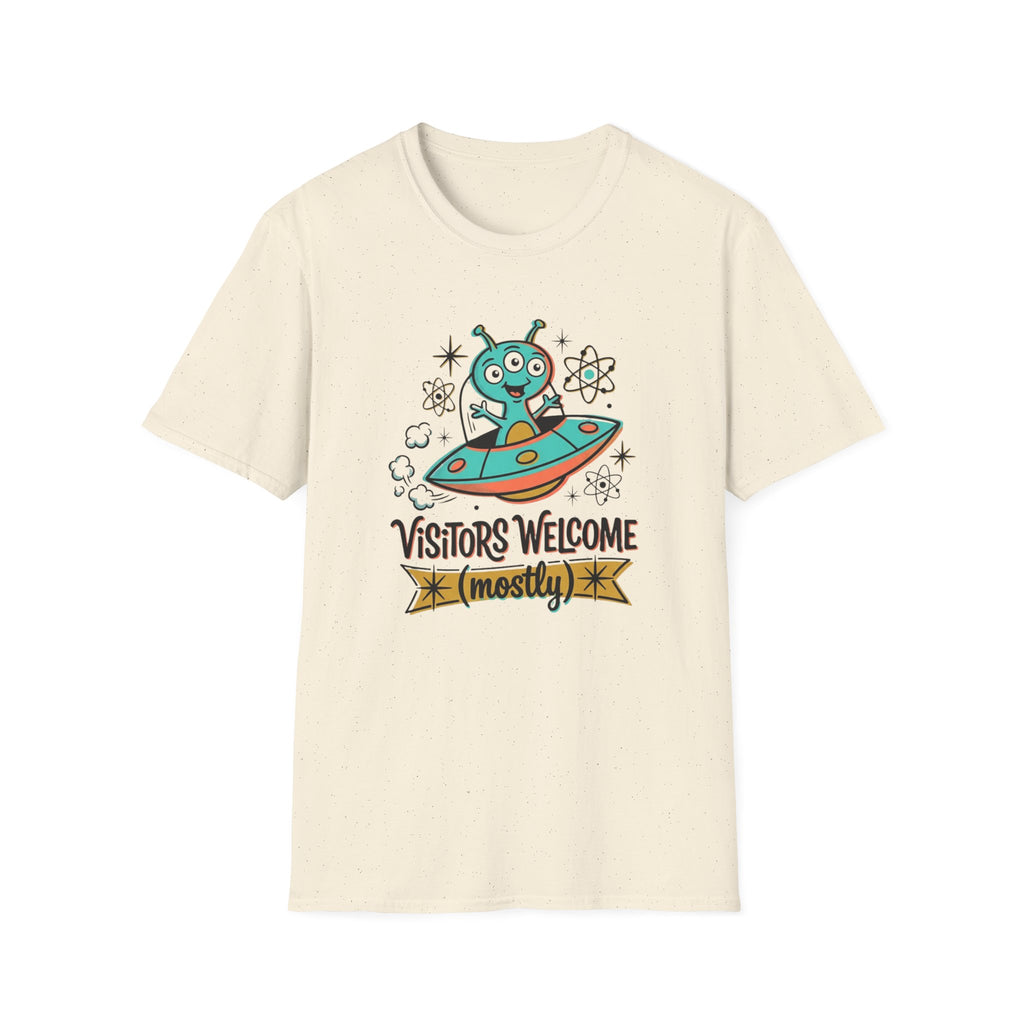 Alien UFO T-Shirt — "Visitors Welcome (Mostly)" Cute Space Graphic Tee