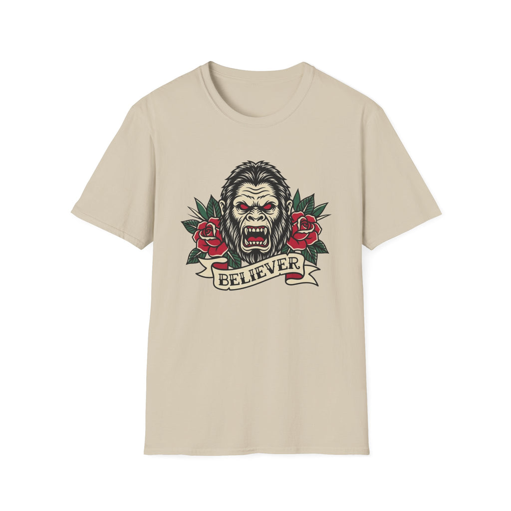 Bigfoot Believer T-Shirt — Retro American Traditional Tattoo Sasquatch Graphic Tee with Roses