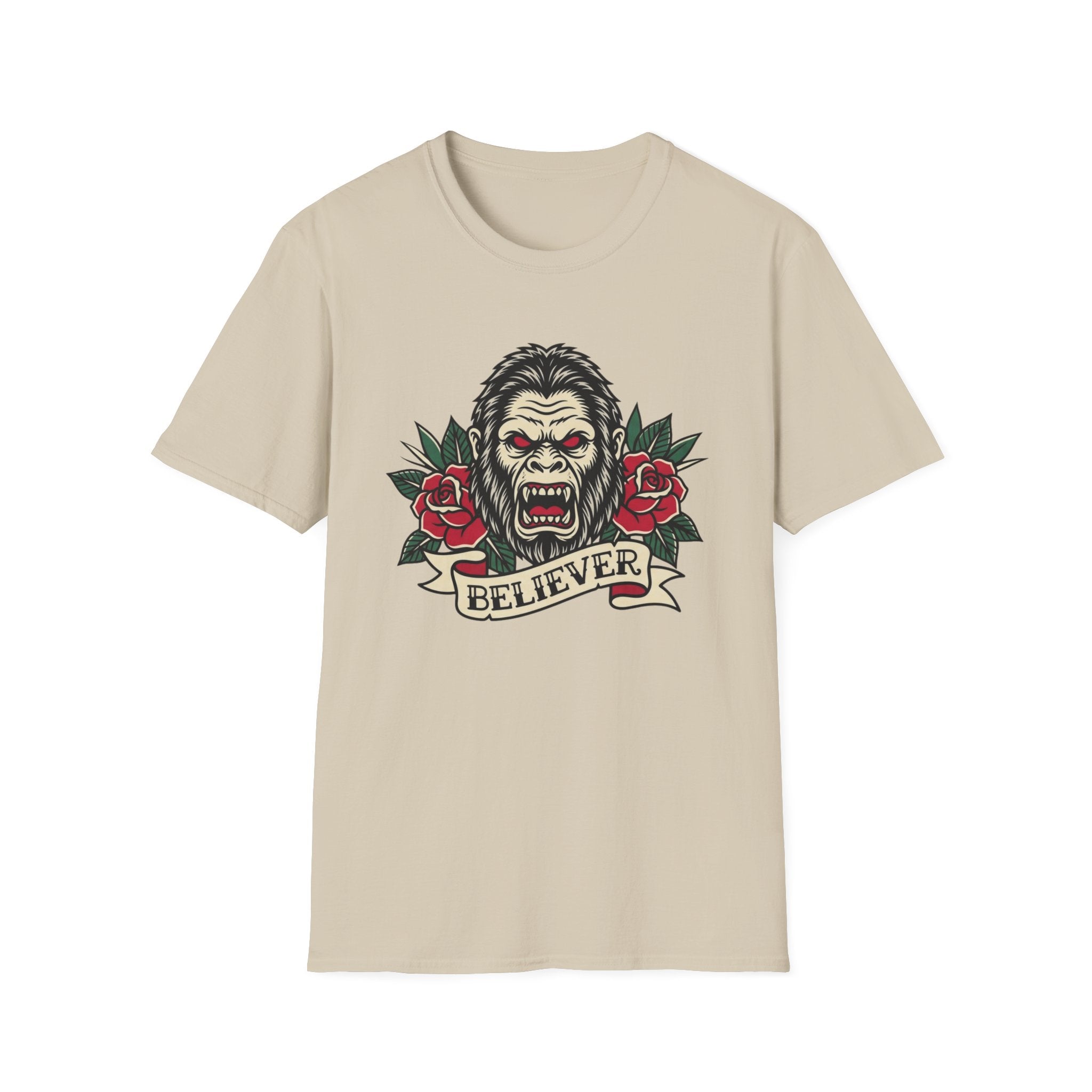 Bigfoot Believer T-Shirt — Retro American Traditional Tattoo Sasquatch Graphic Tee with Roses