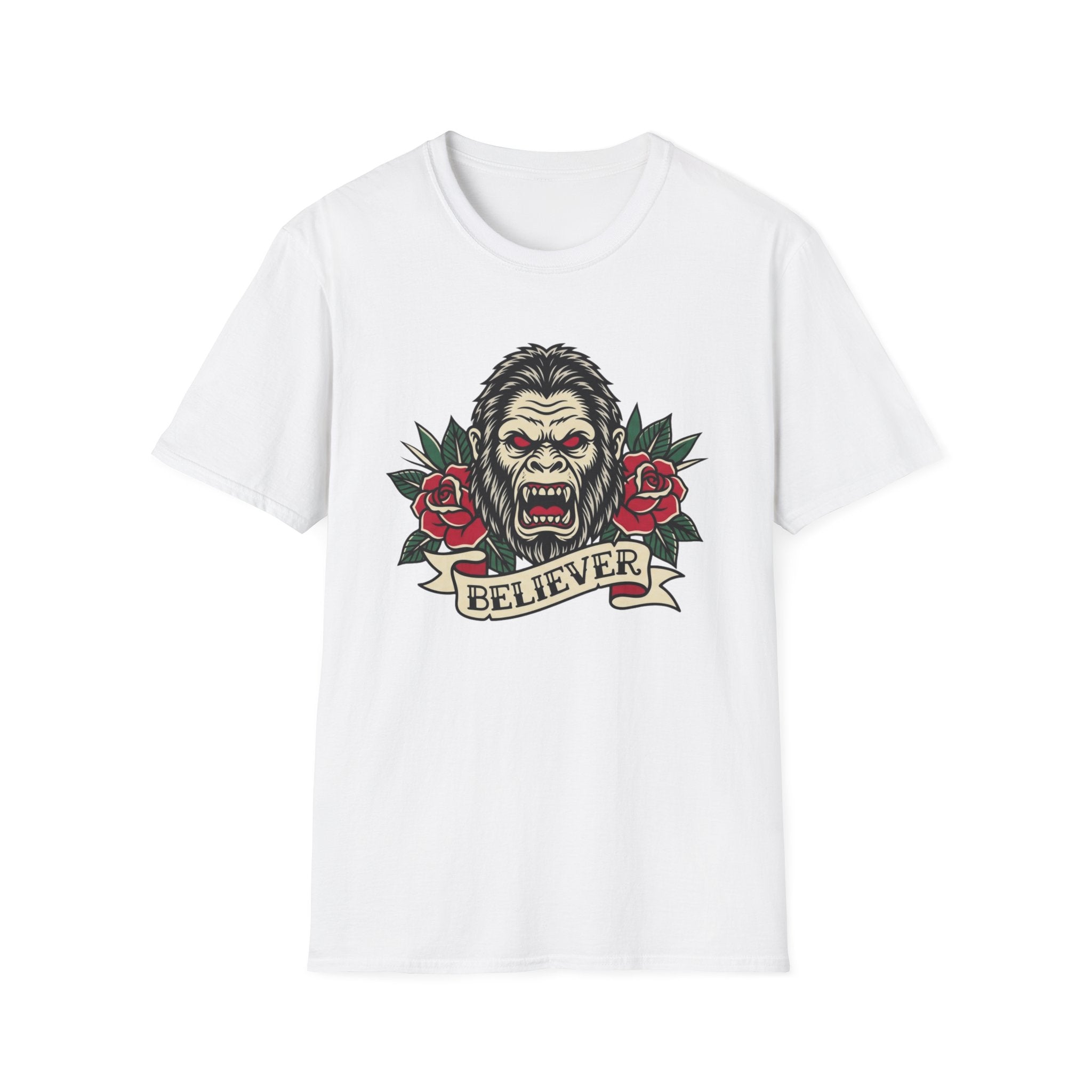 Bigfoot Believer T-Shirt — Retro American Traditional Tattoo Sasquatch Graphic Tee with Roses