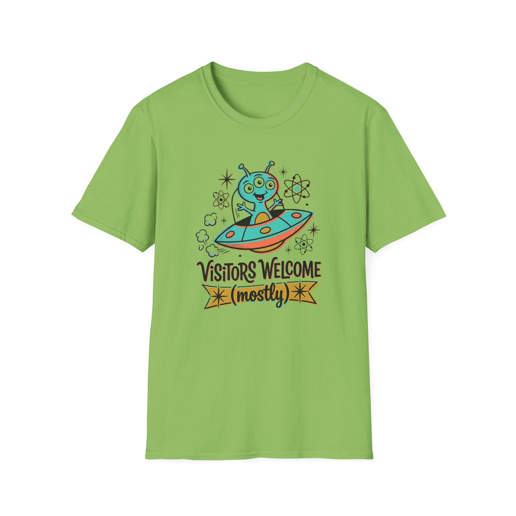 Alien UFO T-Shirt — "Visitors Welcome (Mostly)" Cute Space Graphic Tee