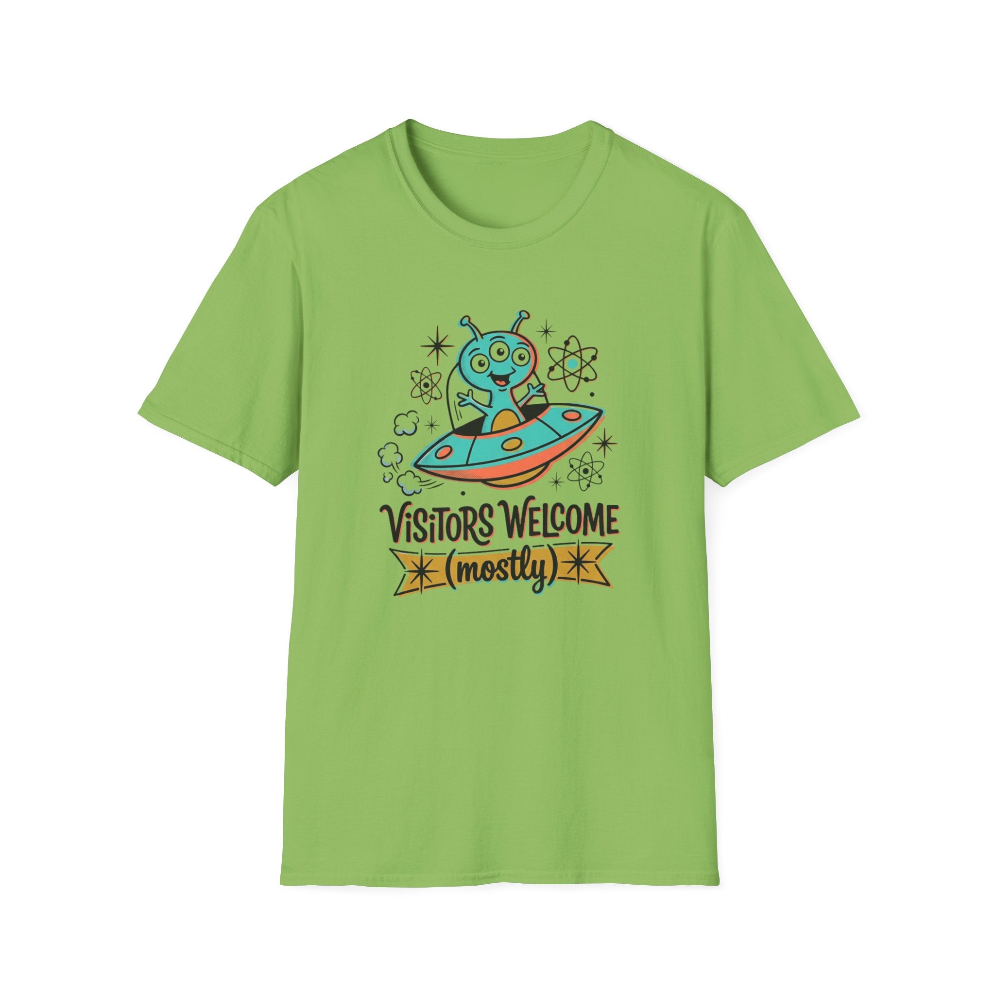 Alien UFO T-Shirt — "Visitors Welcome (Mostly)" Cute Space Graphic Tee