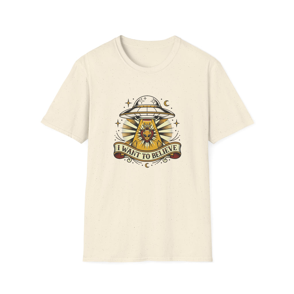 Alien Abduction T-Shirt — "I Want to Believe" Vintage UFO Tee American Traditional Tattoo