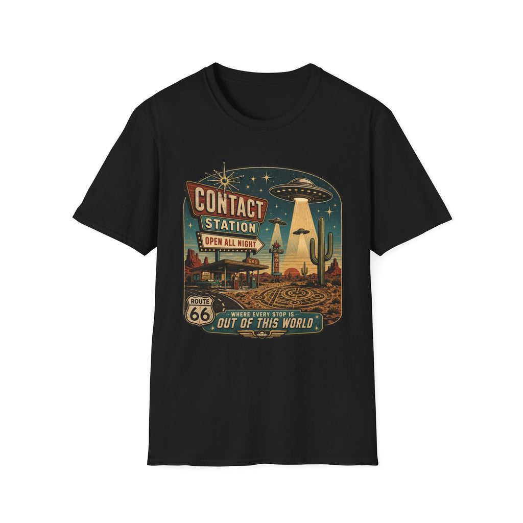 Contact Station T‑Shirt — Retro UFO Alien Abduction Vintage Sign Tee