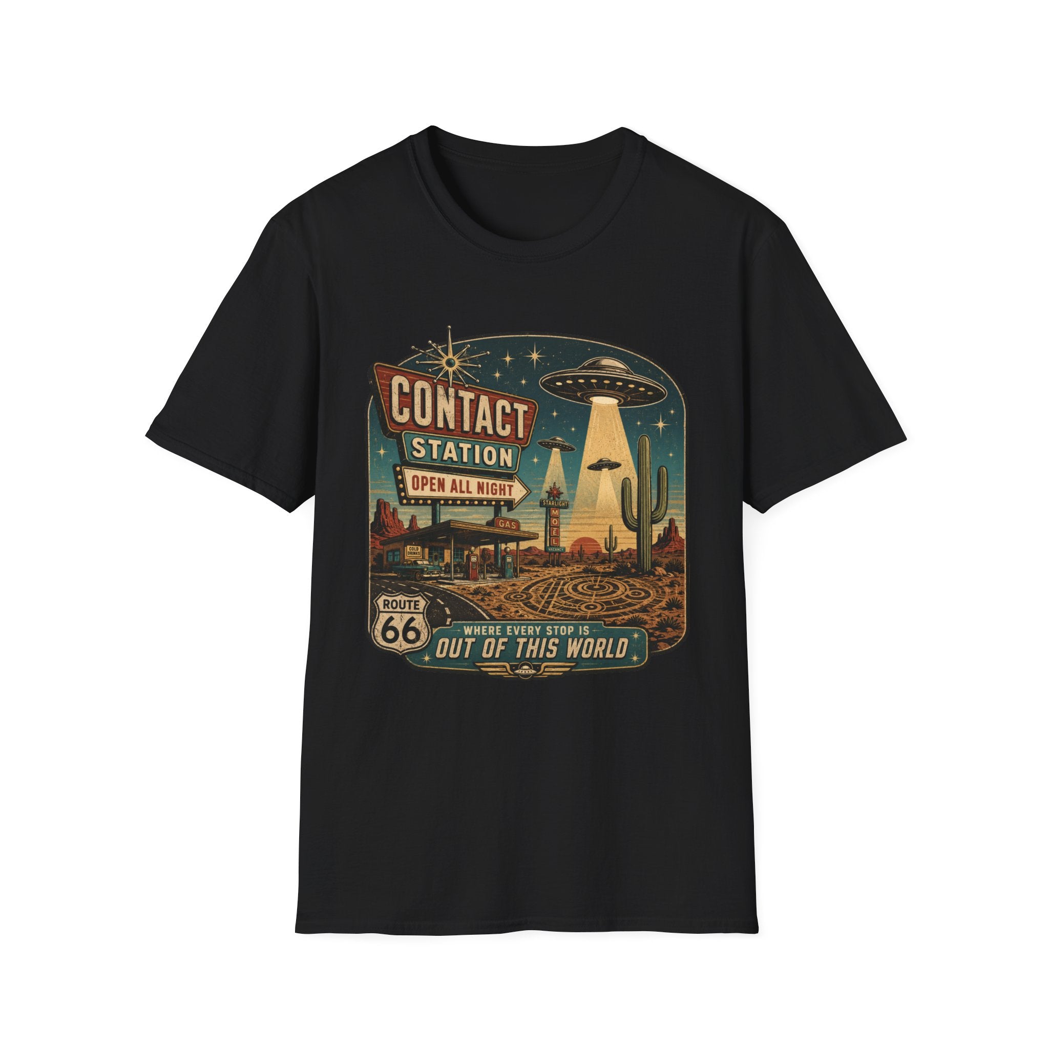 Contact Station T‑Shirt — Retro UFO Alien Abduction Vintage Sign Tee