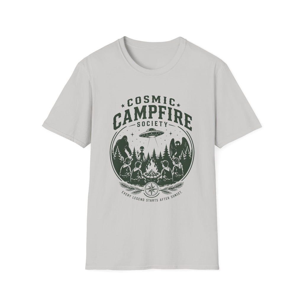 Cosmic Campfire Society T-Shirt — UFO & Forest Vintage Graphic Tee