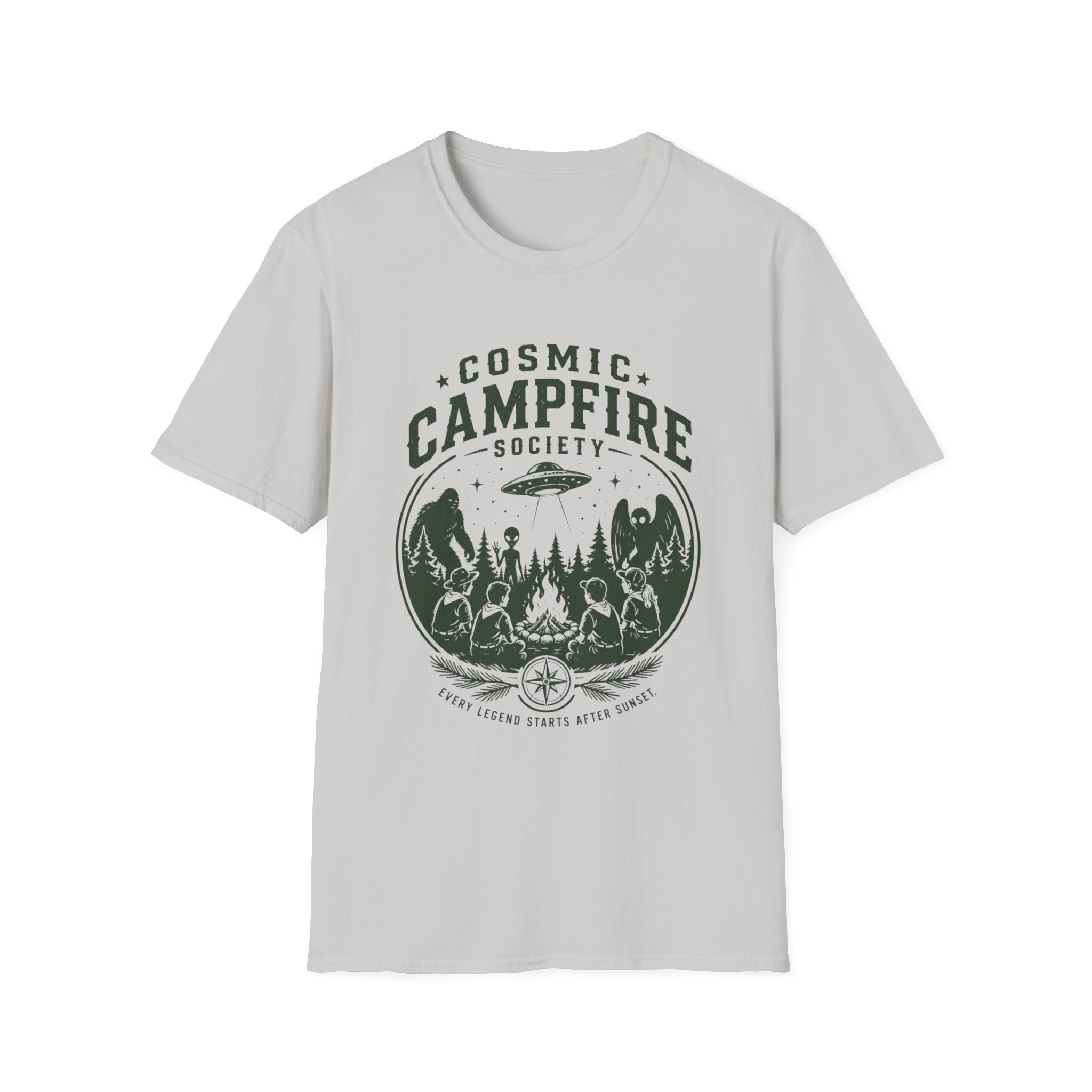 Cosmic Campfire Society T-Shirt — UFO & Forest Vintage Graphic Tee