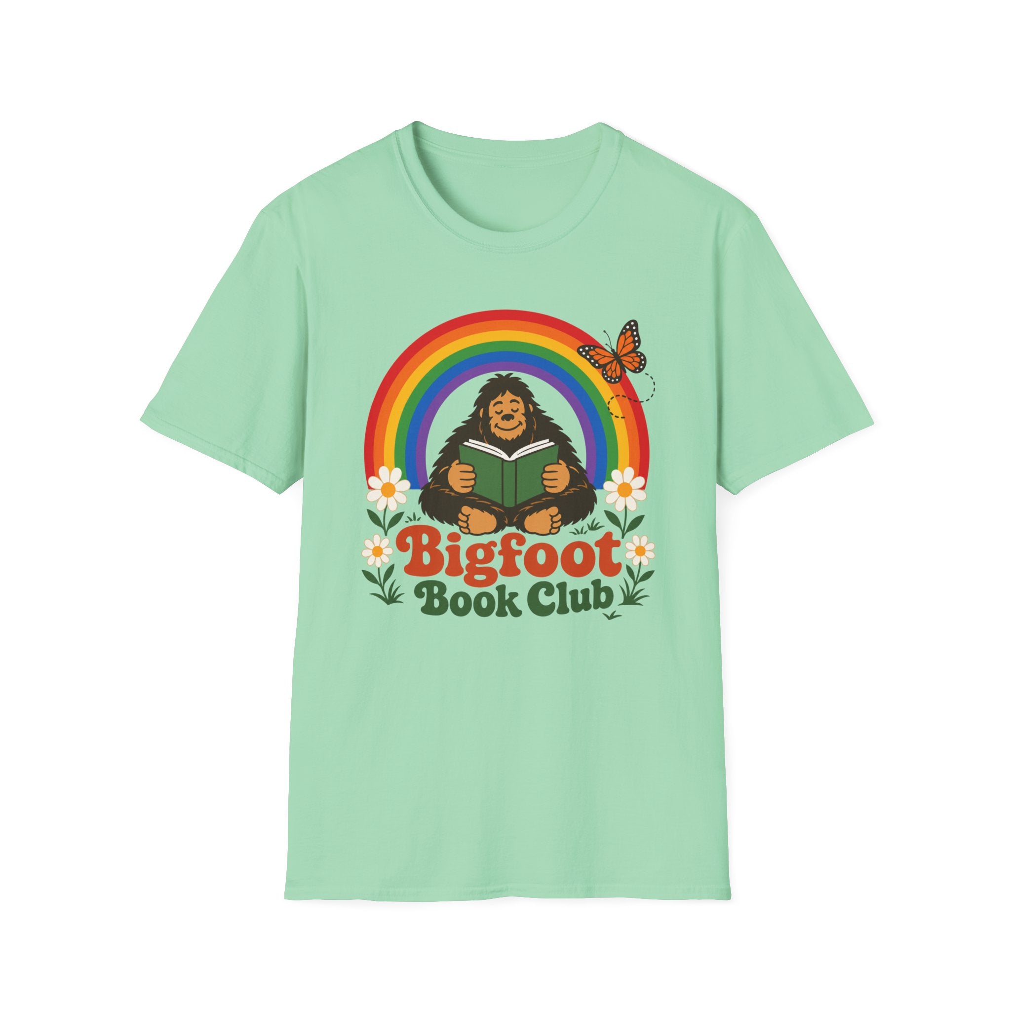 Bigfoot Book Club T-Shirt — Rainbow Reading Sasquatch Tee