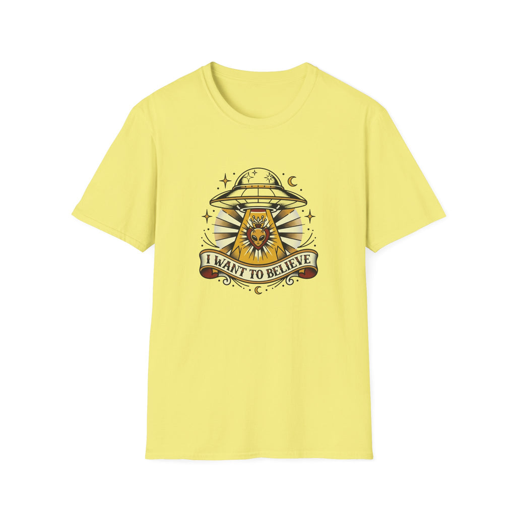 Alien Abduction T-Shirt — "I Want to Believe" Vintage UFO Tee American Traditional Tattoo