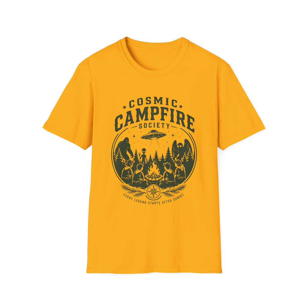 Cosmic Campfire Society T-Shirt — UFO & Forest Vintage Graphic Tee