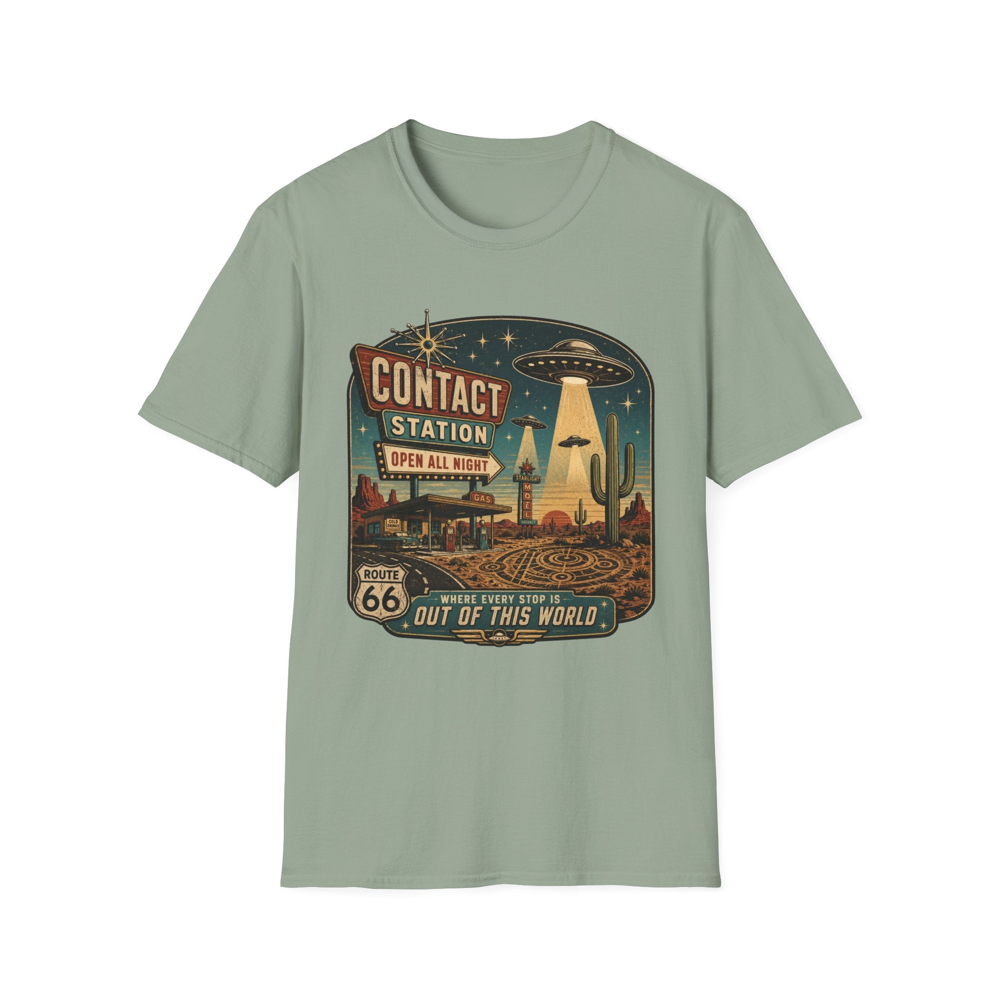 Contact Station T‑Shirt — Retro UFO Alien Abduction Vintage Sign Tee