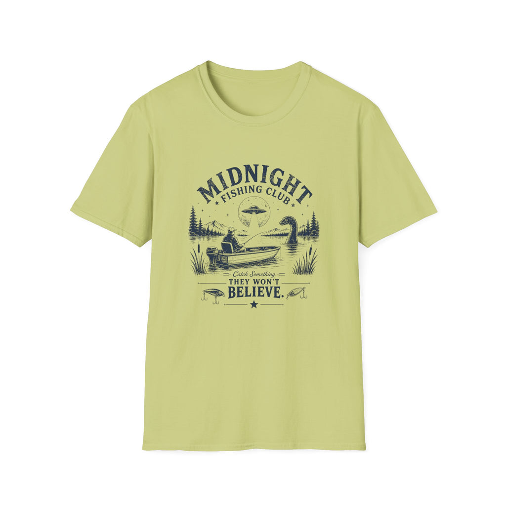Midnight Fishing Club T-Shirt — "Catch Something They Won't Believe" UFO Lake Fishing Tee