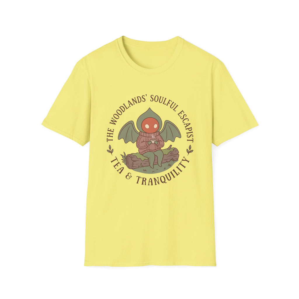 The Woodlands' Soulful Escapist T-Shirt — Cute Flatwoods Monster Tea & Tranquility Graphic