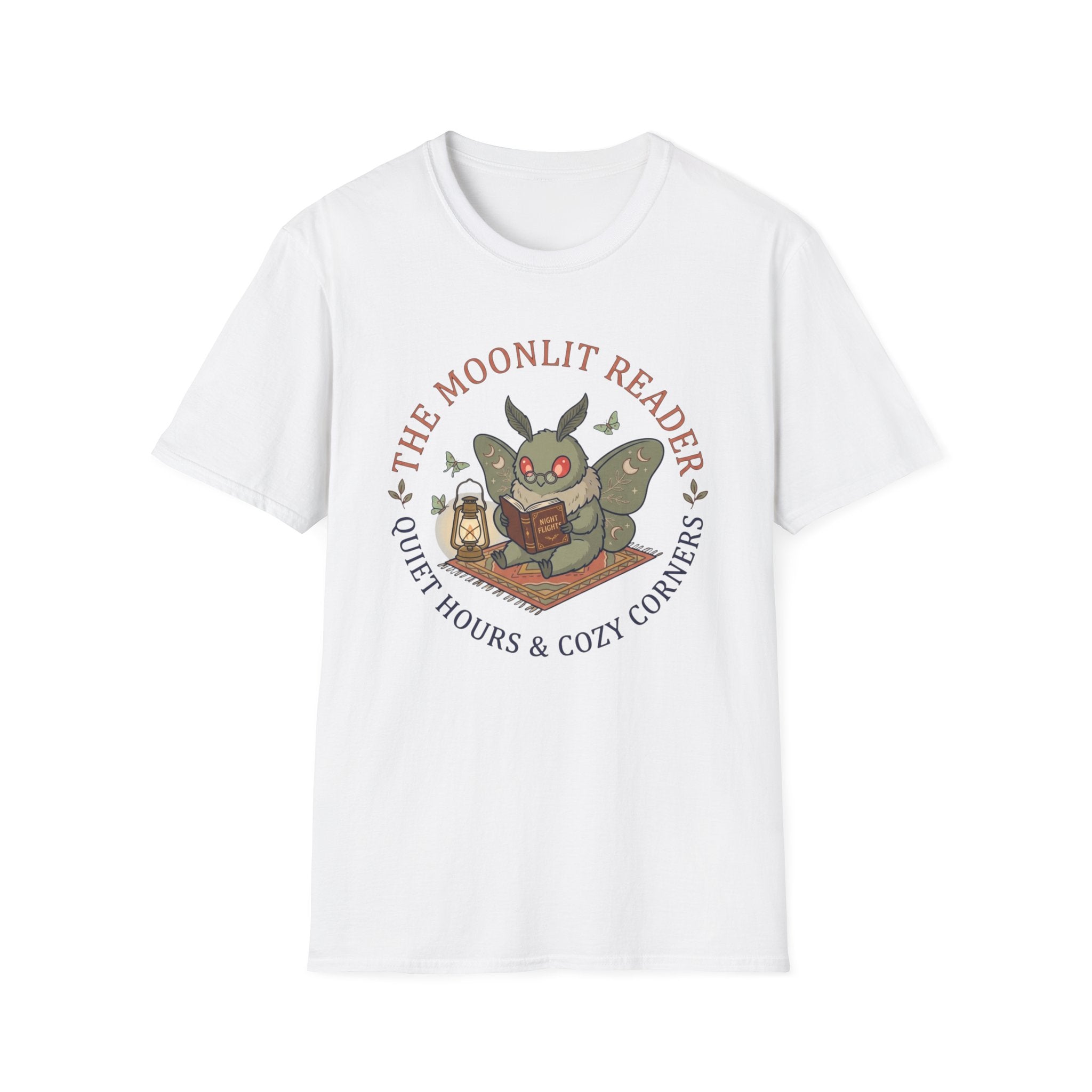 Cute Mothman T-Shirt — The Moonlit Reader Cottagecore Illustration Cozy Reading Tee