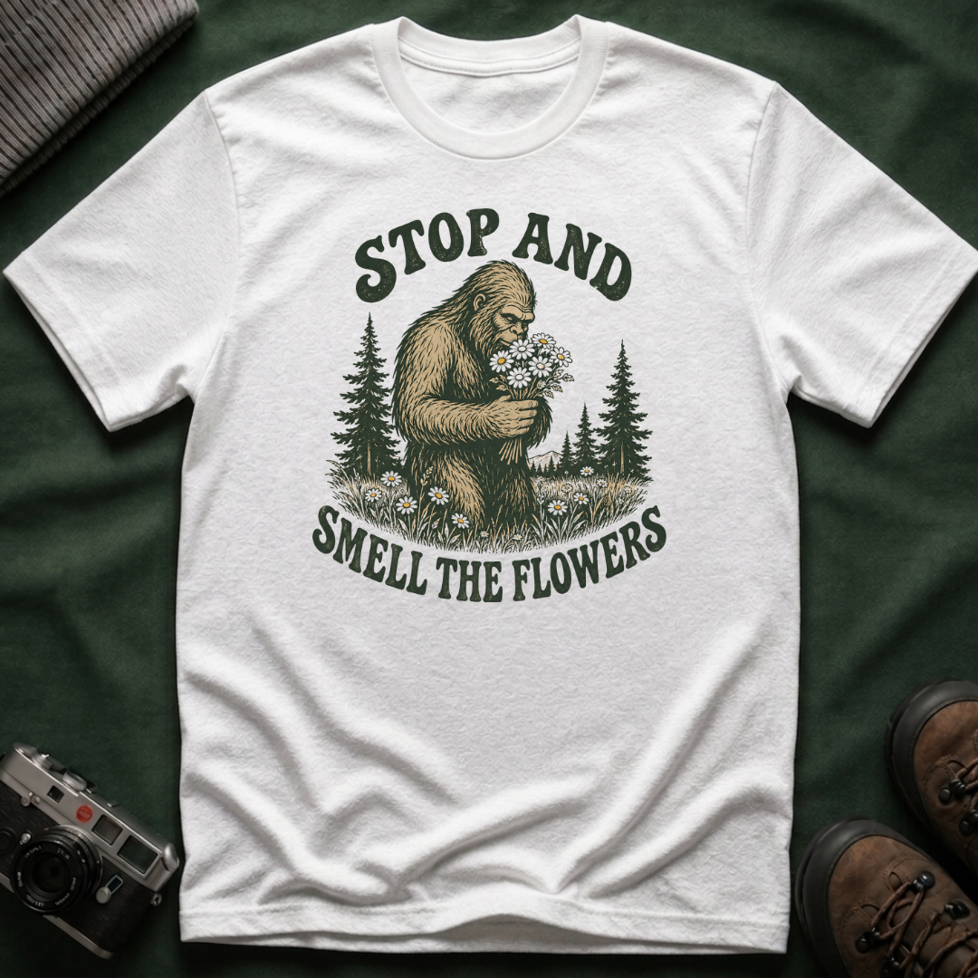 Bigfoot Stop and Smell the Flowers T-Shirt — Sasquatch Holding Daisies Retro Nature Tee