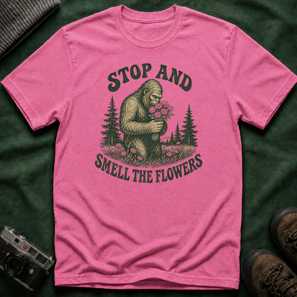 Bigfoot Stop and Smell the Flowers T-Shirt — Sasquatch Holding Daisies Retro Nature Tee