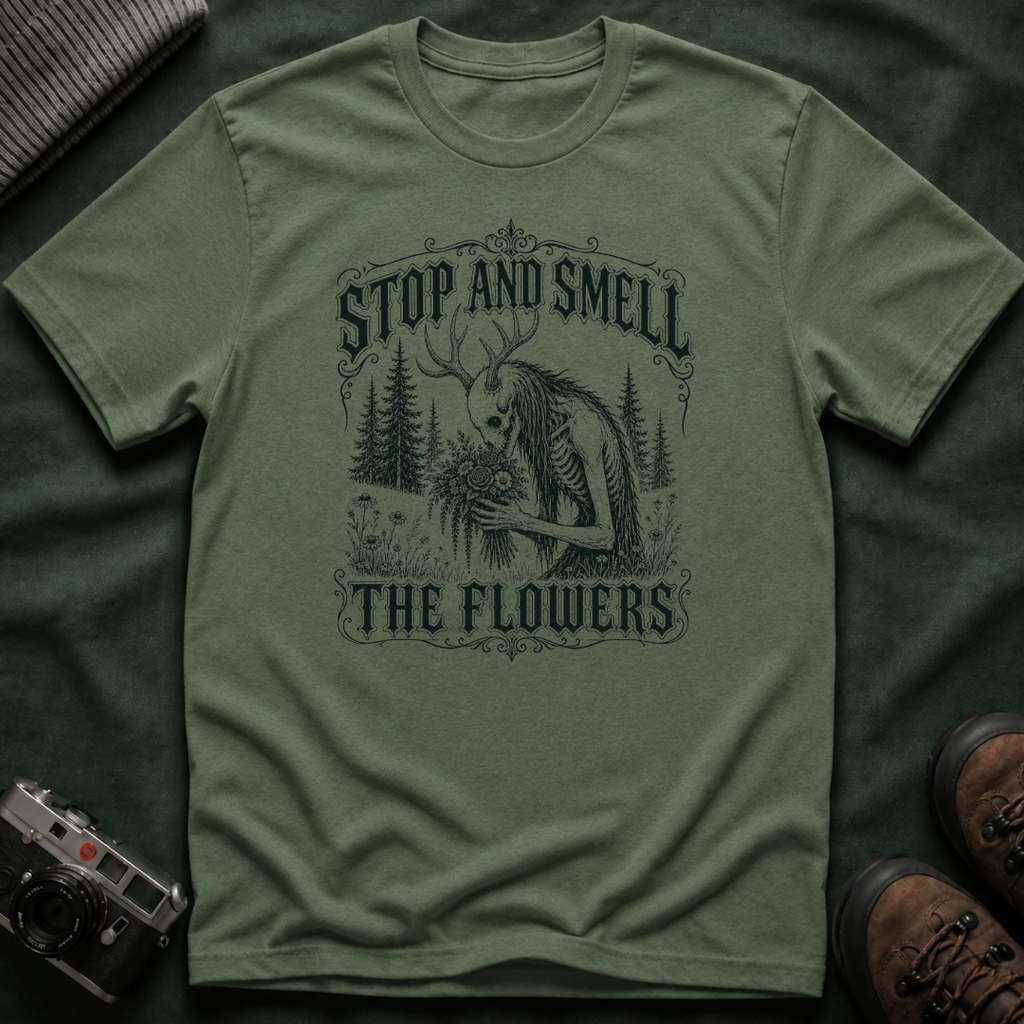 Gothic Wendigo Stop and Smell The Flowers T-Shirt — Vintage Forest Graphic