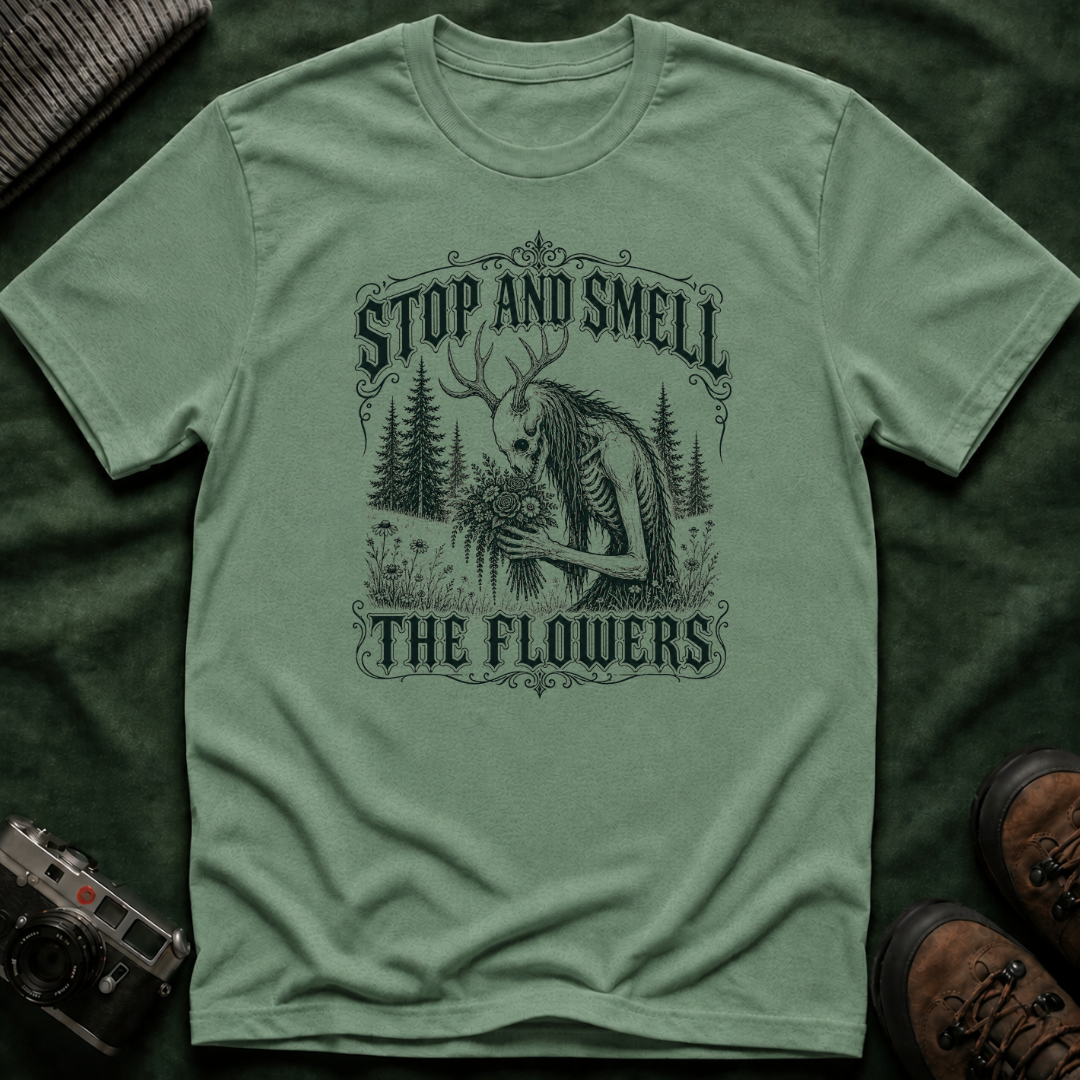 Gothic Wendigo Stop and Smell The Flowers T-Shirt — Vintage Forest Graphic