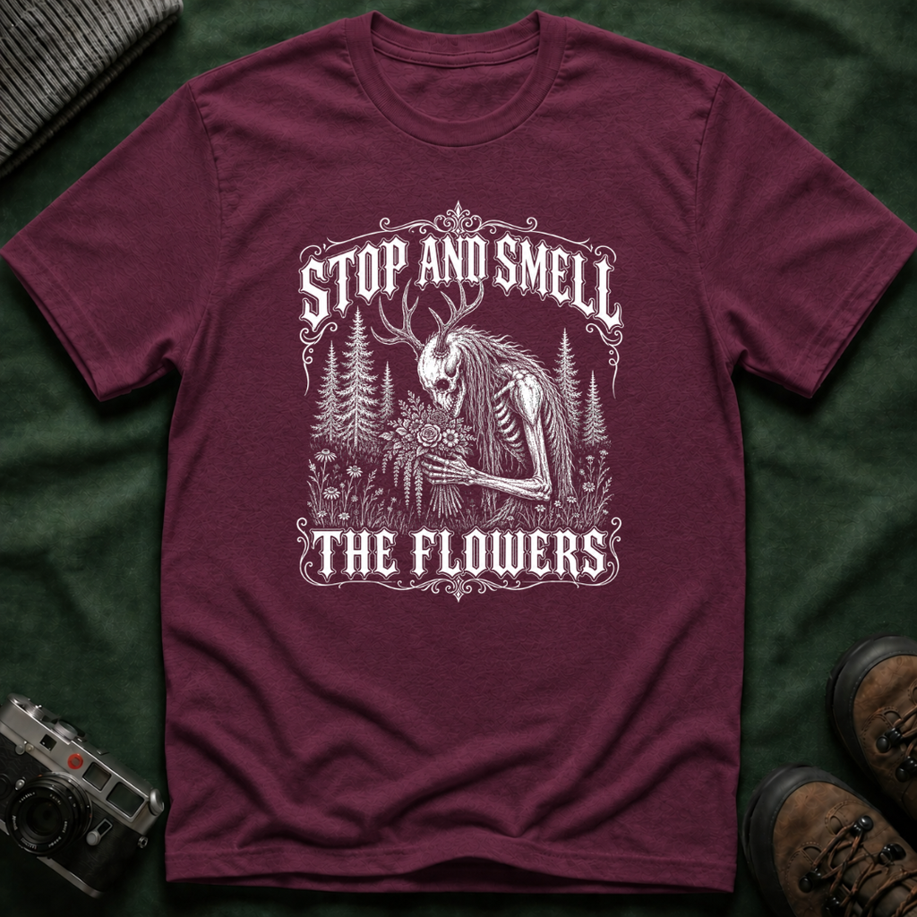 Gothic Wendigo Stop and Smell The Flowers T-Shirt — Vintage Forest Graphic