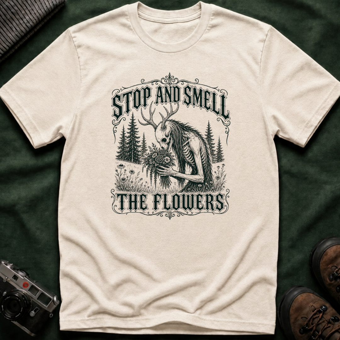 Gothic Wendigo Stop and Smell The Flowers T-Shirt — Vintage Forest Graphic