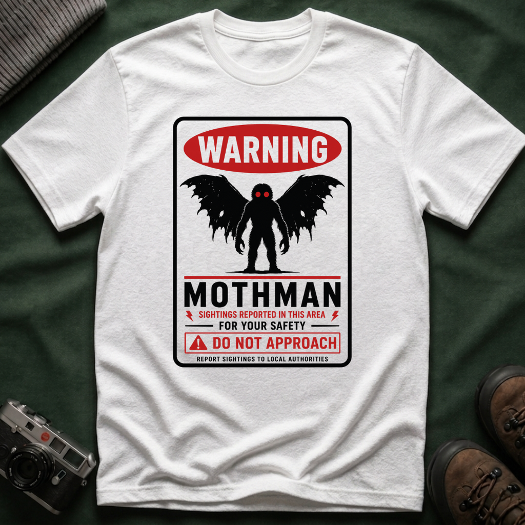 Warning: Mothman T-Shirt — Vintage Cryptid Warning Sign Tee