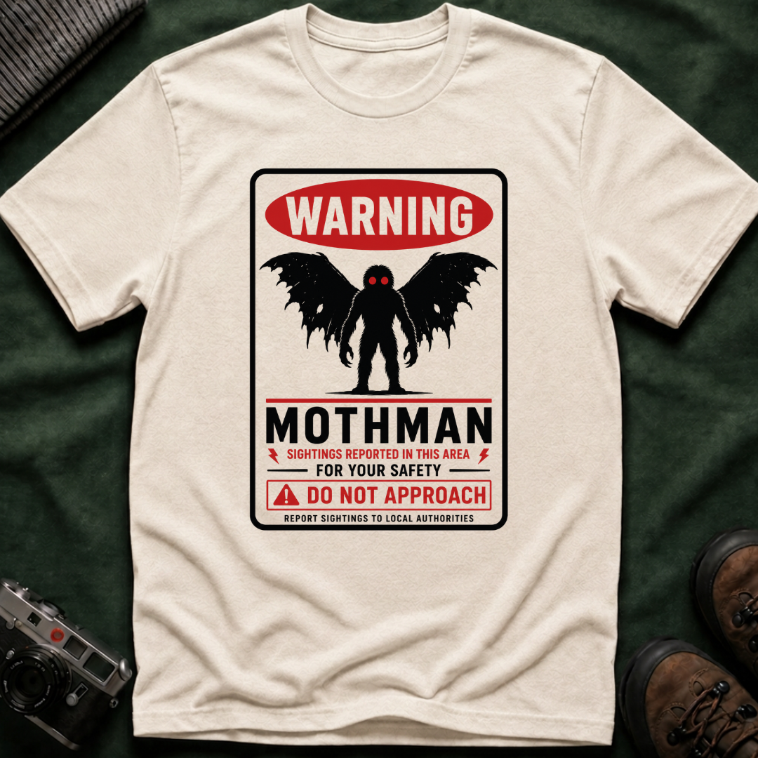 Warning: Mothman T-Shirt — Vintage Cryptid Warning Sign Tee