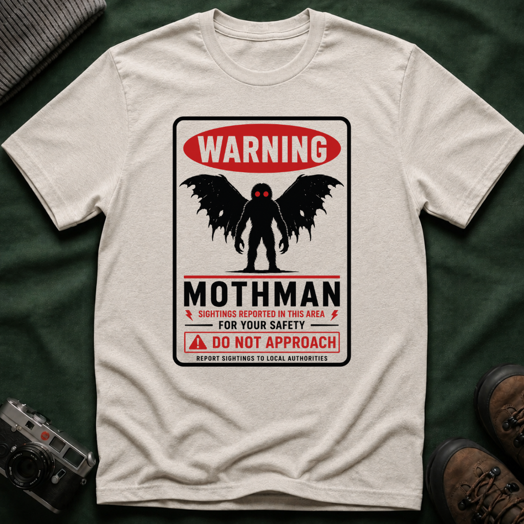Warning: Mothman T-Shirt — Vintage Cryptid Warning Sign Tee