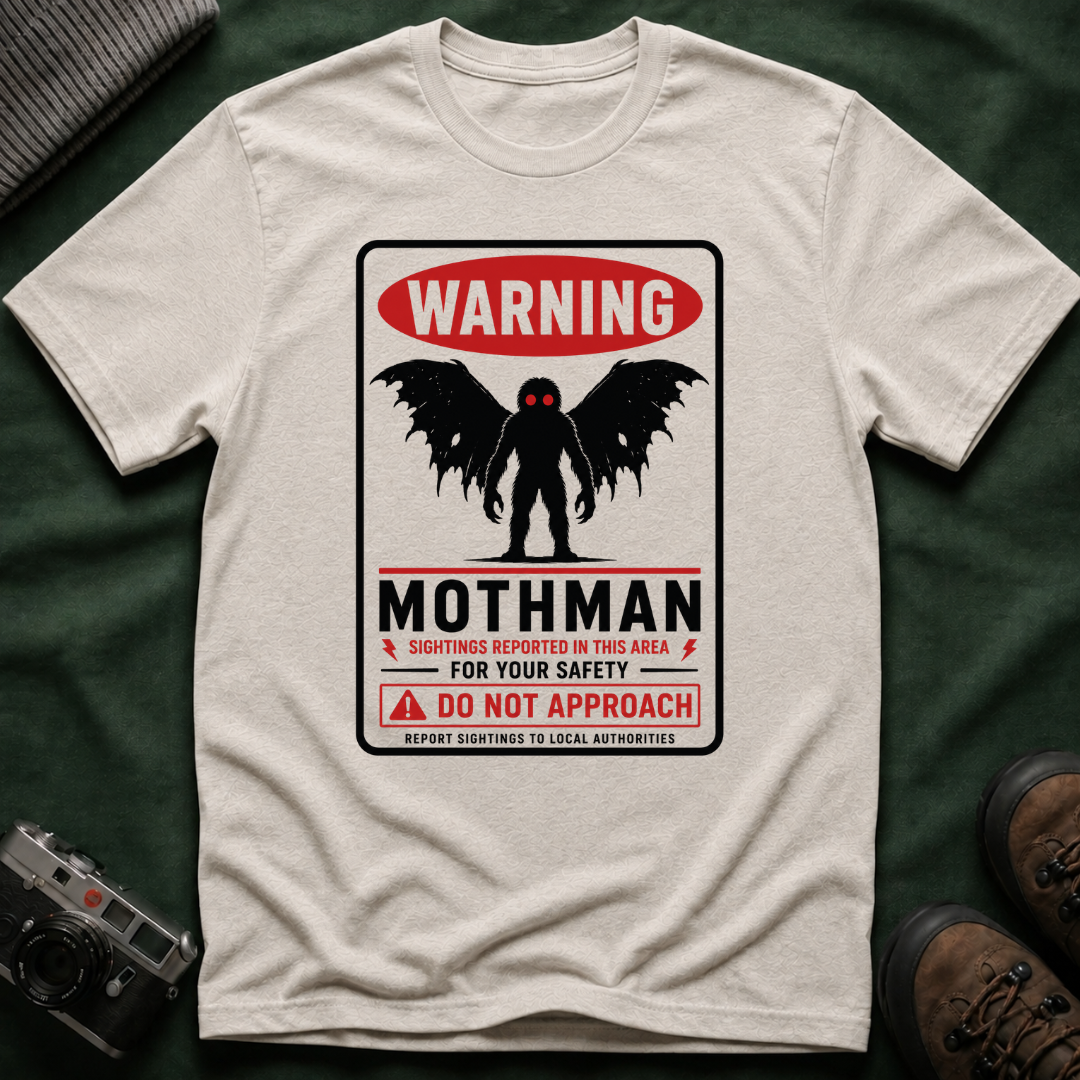 Warning: Mothman T-Shirt — Vintage Cryptid Warning Sign Tee