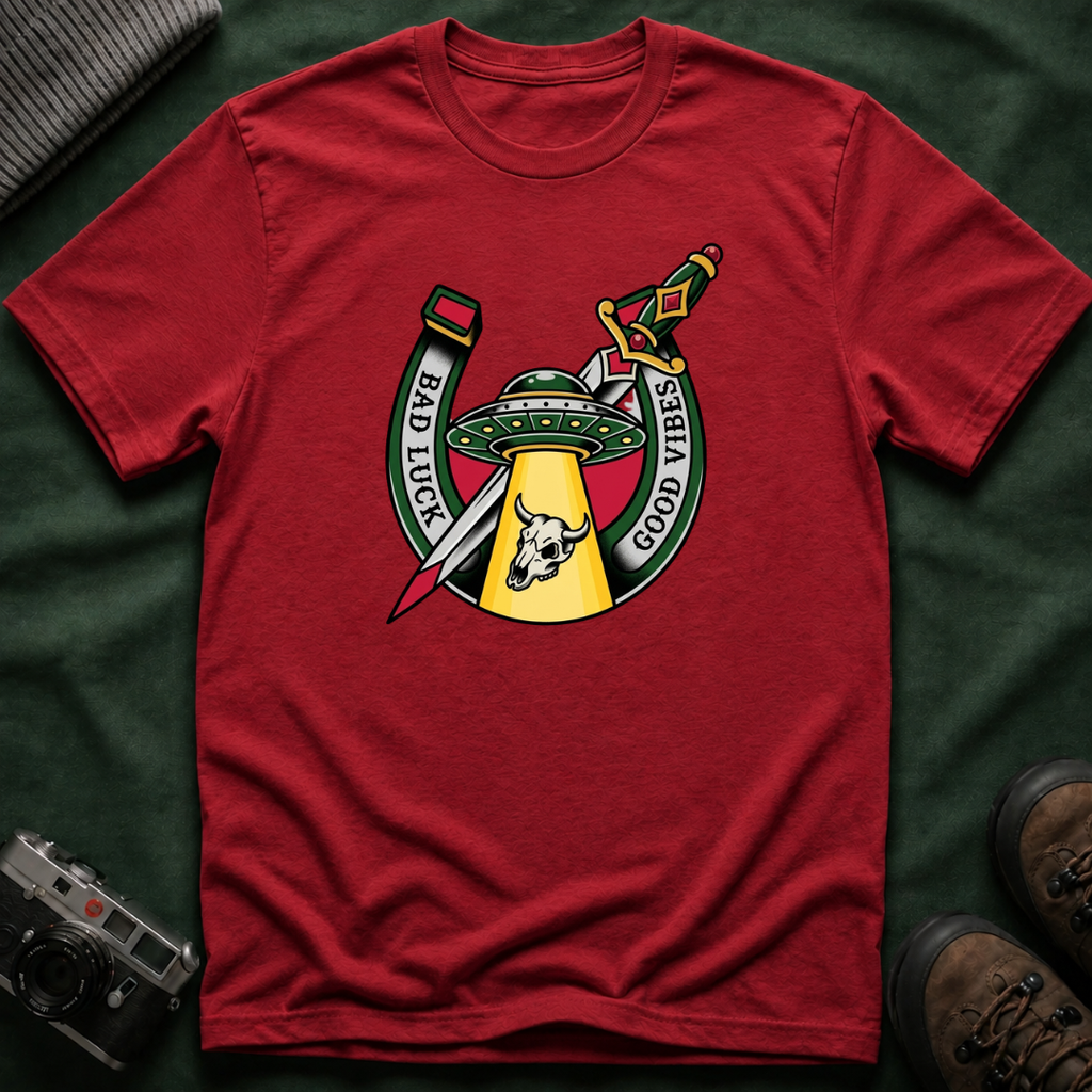 Bad Luck Good Vibes UFO T-Shirt — Sword & Horseshoe Retro American Traditional Tattoo Tee
