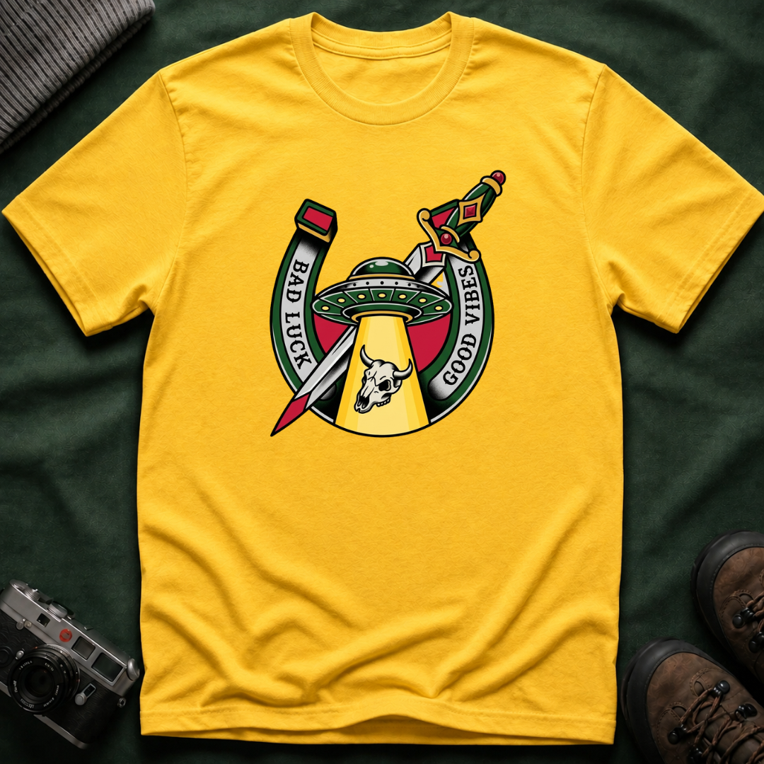 Bad Luck Good Vibes UFO T-Shirt — Sword & Horseshoe Retro American Traditional Tattoo Tee