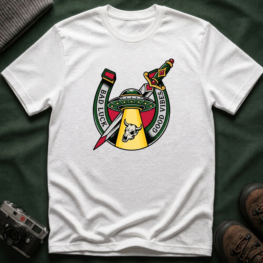 Bad Luck Good Vibes UFO T-Shirt — Sword & Horseshoe Retro American Traditional Tattoo Tee