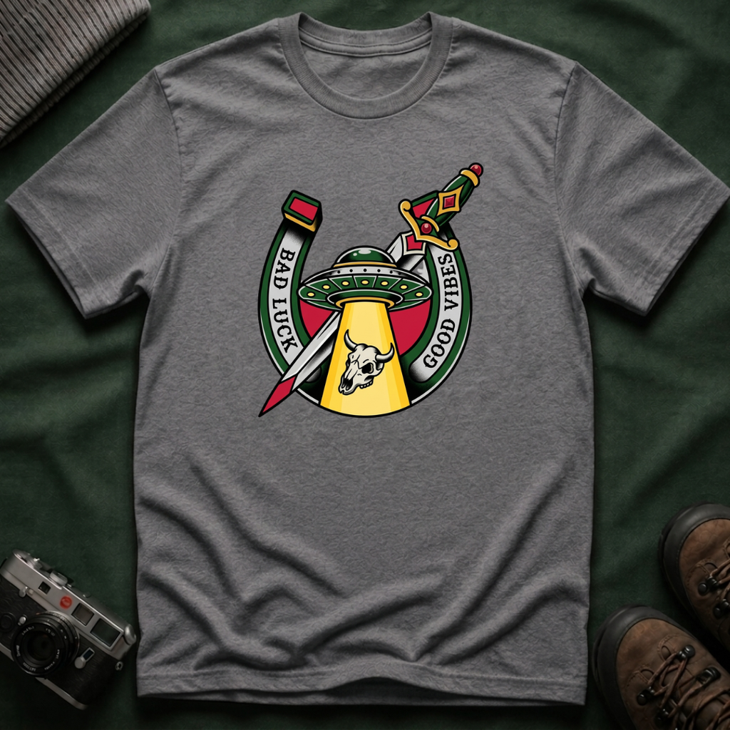 Bad Luck Good Vibes UFO T-Shirt — Sword & Horseshoe Retro American Traditional Tattoo Tee
