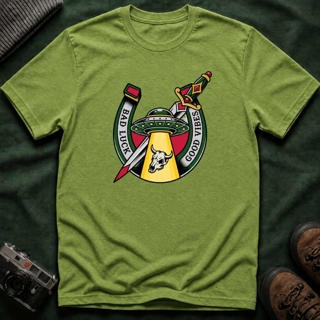 Bad Luck Good Vibes UFO T-Shirt — Sword & Horseshoe Retro American Traditional Tattoo Tee