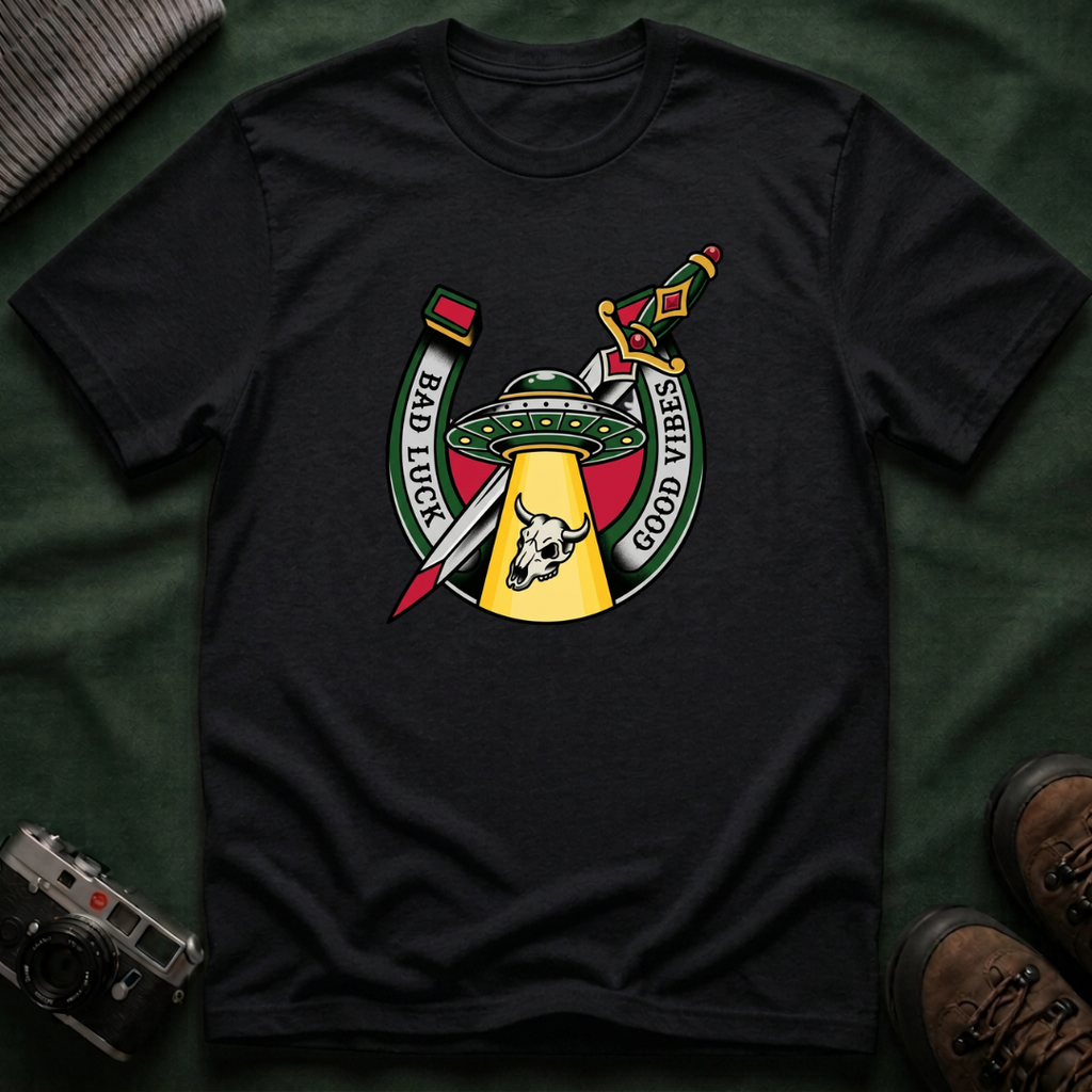 Bad Luck Good Vibes UFO T-Shirt — Sword & Horseshoe Retro American Traditional Tattoo Tee